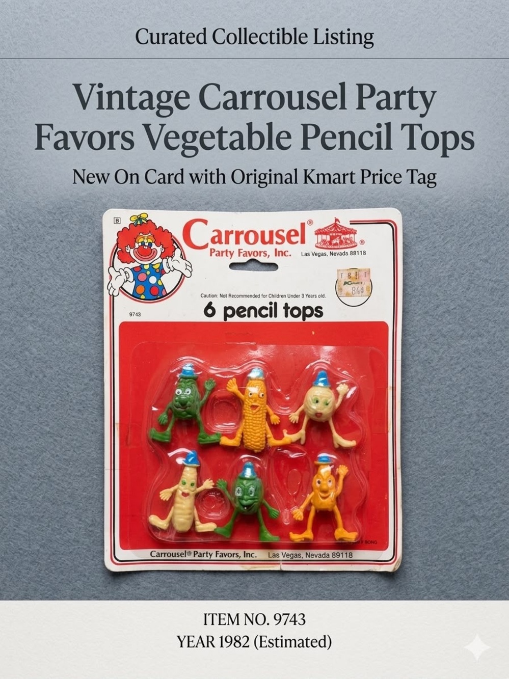 Vintage Carrousel Party Favors Vegetable Pencil Tops New On Card Kmart Price Tag